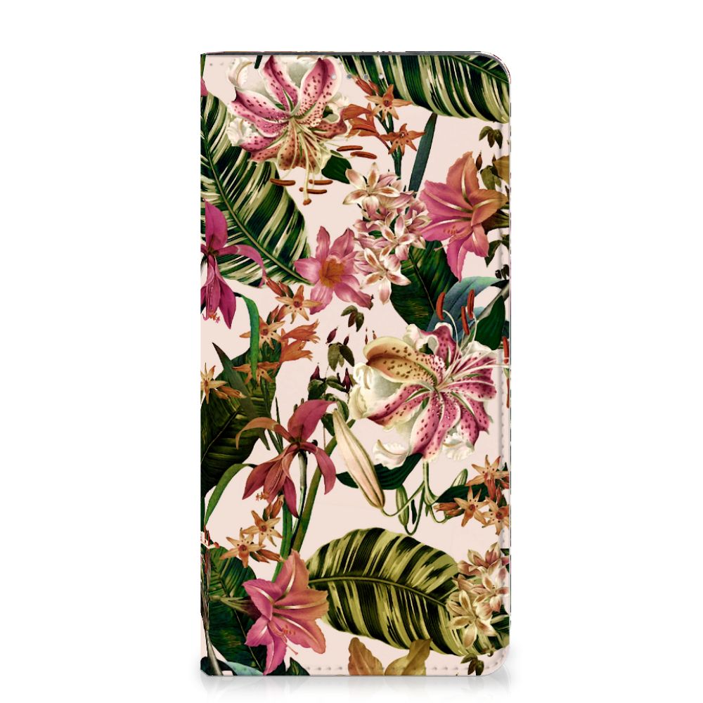 Samsung Galaxy A14 4G Smart Cover Flowers met paarswitte bloemen en groene bladeren voor een elegante uitstraling.