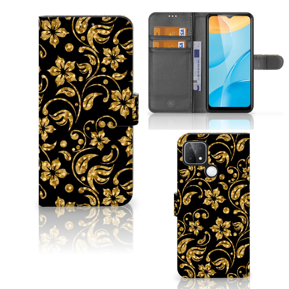 OPPO A15 Hoesje Gouden Bloemen