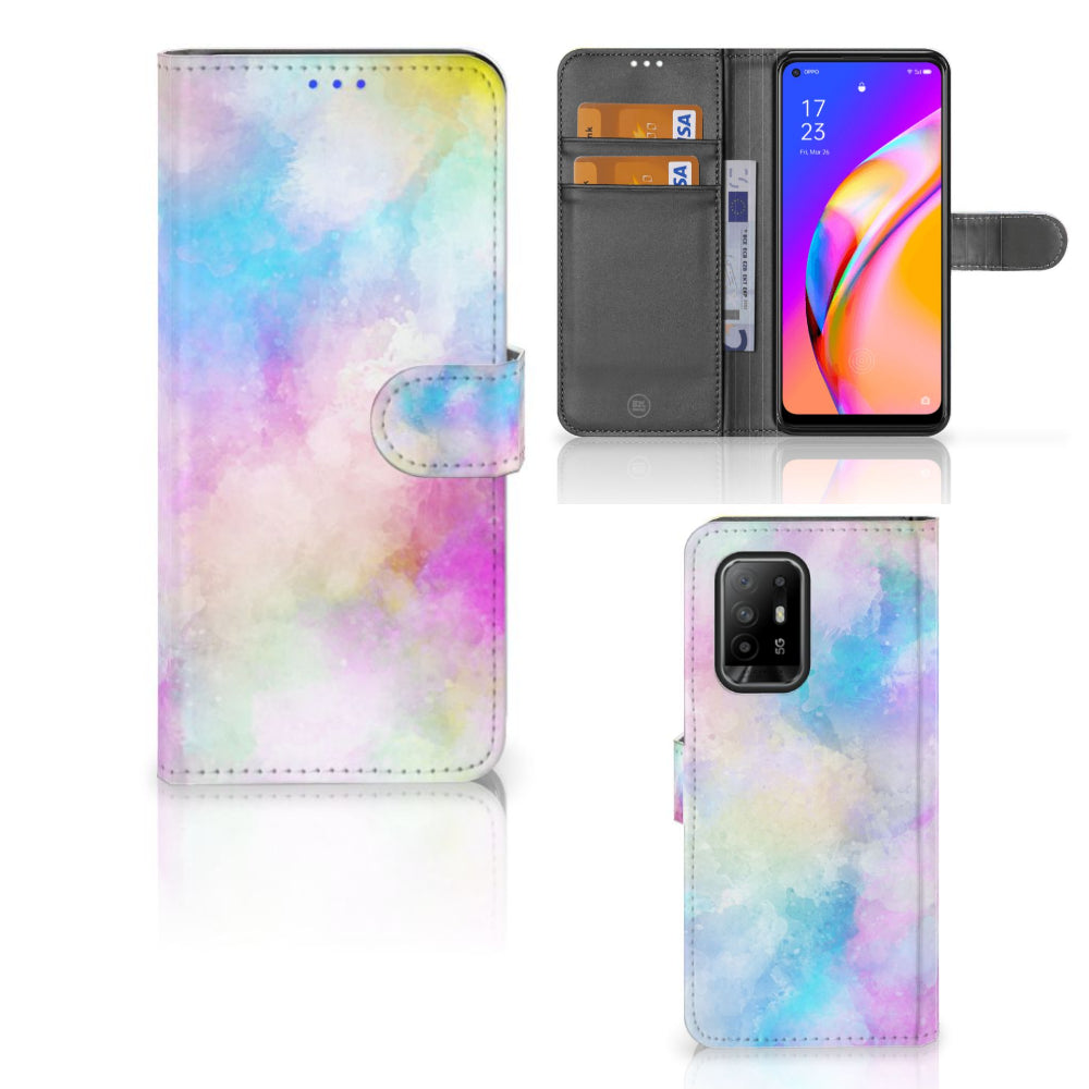 Hoesje OPPO Reno5 Z | A94 5G Watercolor Light met pasjeshouder in pastelkleuren en unieke watercolor ontwerp.