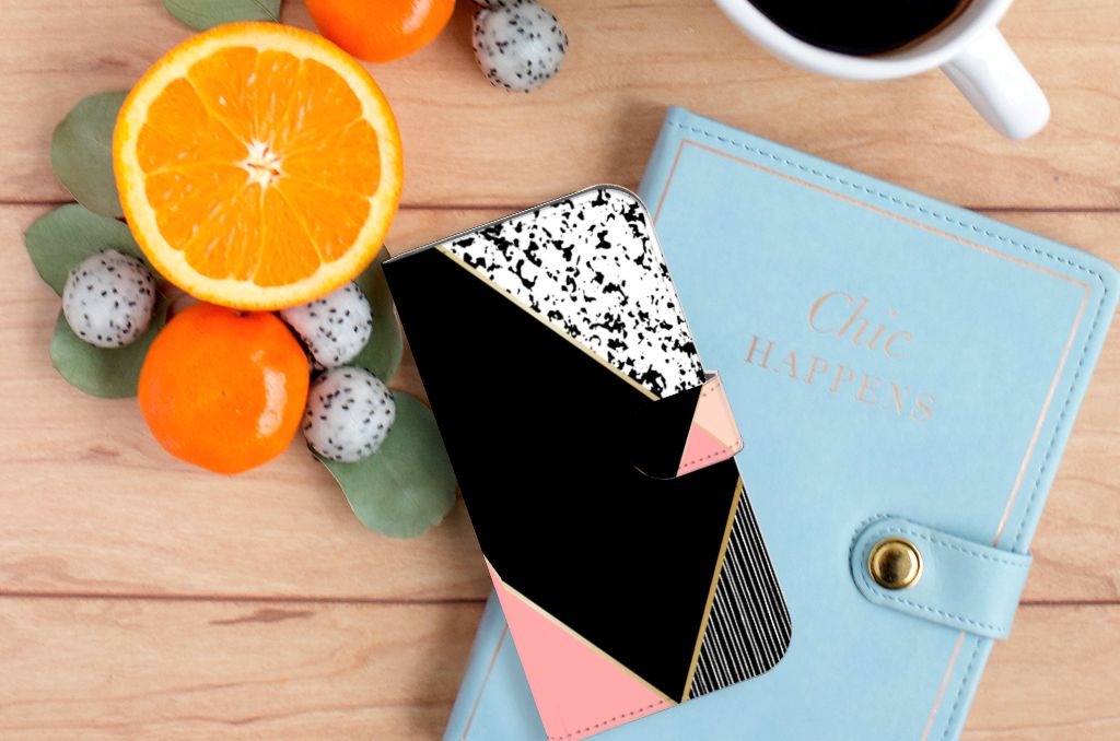 iPhone 14 Plus Book Case Zwart Roze Vormen met geometrisch ontwerp, kleurrijk en abstract.