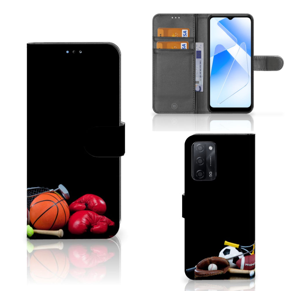 OPPO A16/A16s/A54s Wallet Case met Pasjes Sports met sportafbeeldingen zoals voetbal, tennis en basketbal.