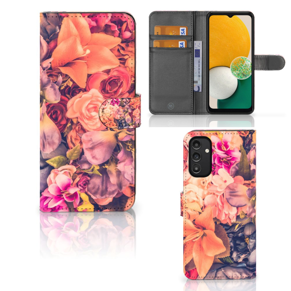 Samsung Galaxy A14 4G Hoesje Bosje Bloemen met kleurrijke bloemen en ruimte voor 3 pasjes.