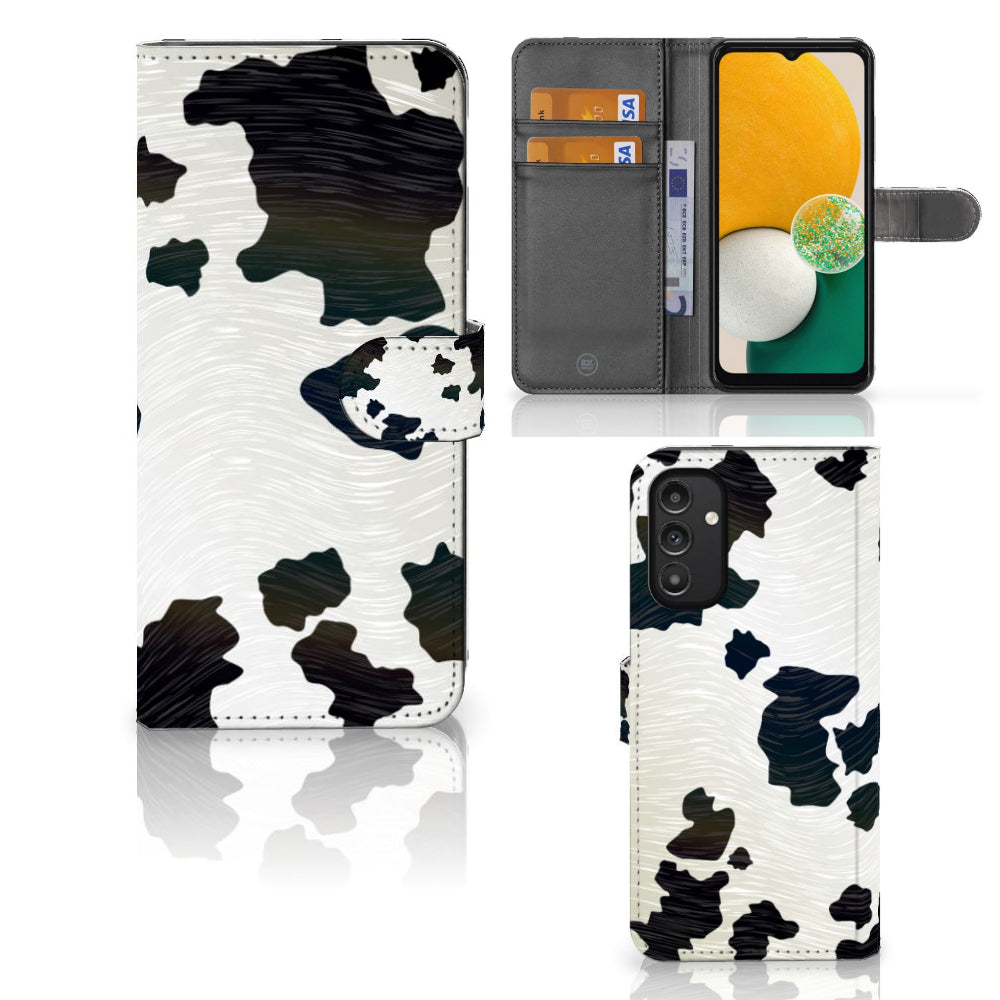 Samsung Galaxy A14 4G Telefoonhoesje met Pasjes Koeienvlekken in zwart-wit ontwerp met magnetisch lipje.