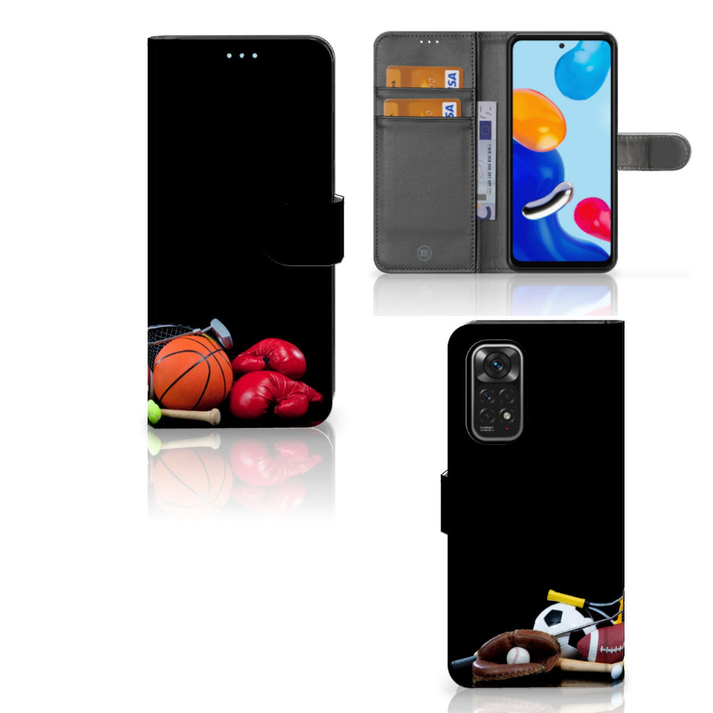 Xiaomi Redmi Note 11/11S Wallet Case met Pasjes Sports met verschillende sportballen en pasjeshouders.
