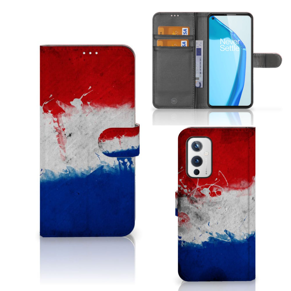 OnePlus 9 Bookstyle Case Nederland met artistiek ontwerp van de Nederlandse vlag en pasjeshouders.