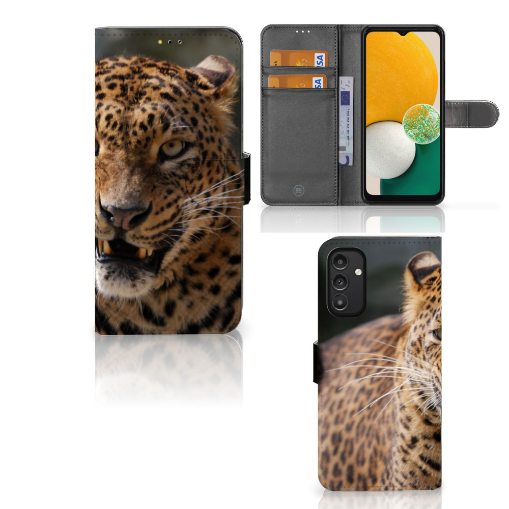 Samsung Galaxy A14 5G Telefoonhoesje met Pasjes Luipaard met luipaardprint en pasjesvakjes.
