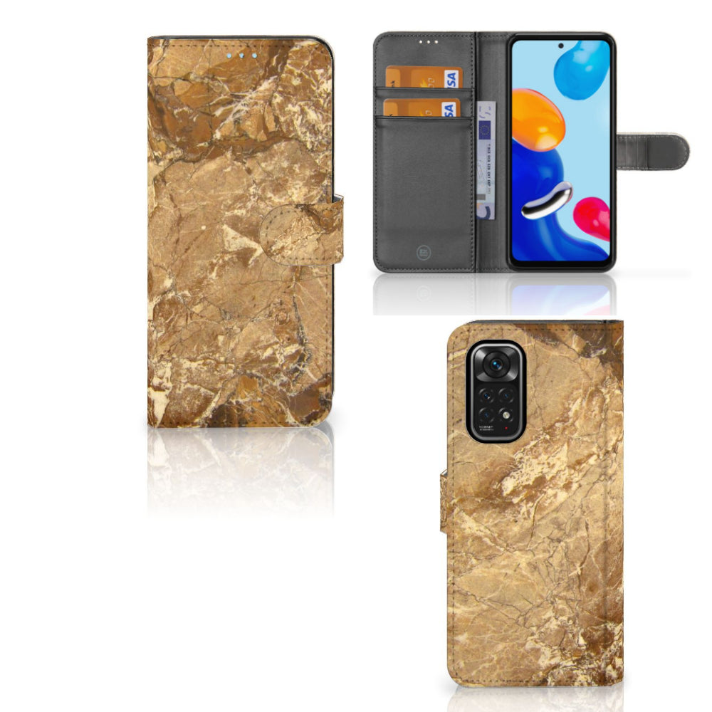 Xiaomi Redmi Note 11/11S Bookcase Marmer Creme met luxe marmerstructuur en opbergvakjes voor pasjes.