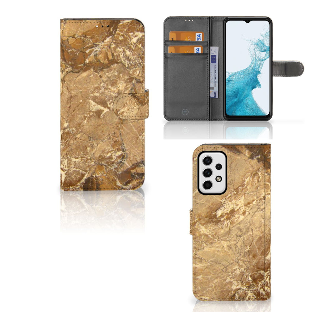 Samsung Galaxy A23 Bookcase Marmer Creme met pasjes, luxe kunstleer buitenkant en TPU-siliconen bescherming.