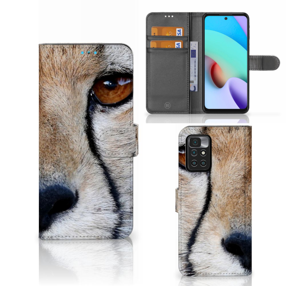 Xiaomi Redmi 10 Telefoonhoesje met Pasjes Cheetah met close-up van cheeta. Ruimte voor 3 pasjes.