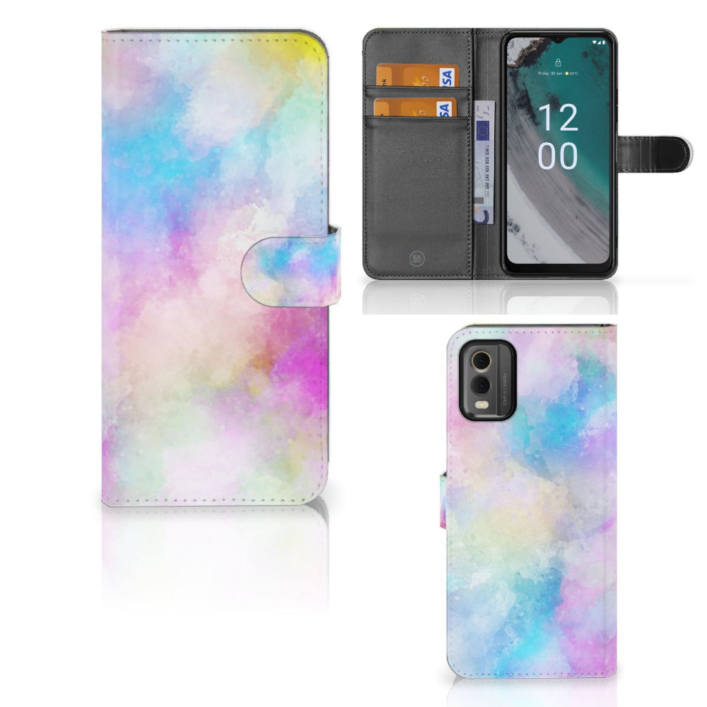 Hoesje Nokia C32 Watercolor Light met pastelkleuren en pasjeshouder, uniek design voor rustige uitstraling.