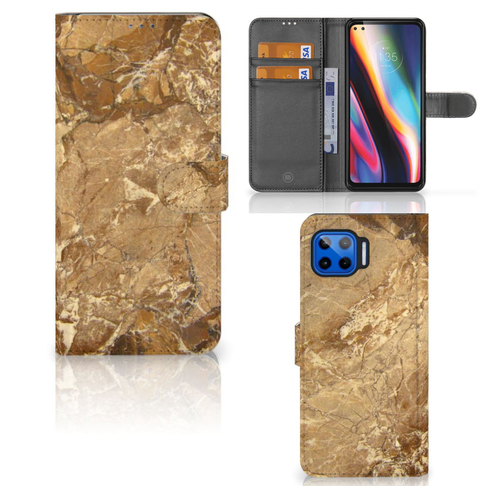 Motorola Moto G 5G Plus Bookcase Marmer Creme in marmer-look met pasjesvak en telefoonhouder.