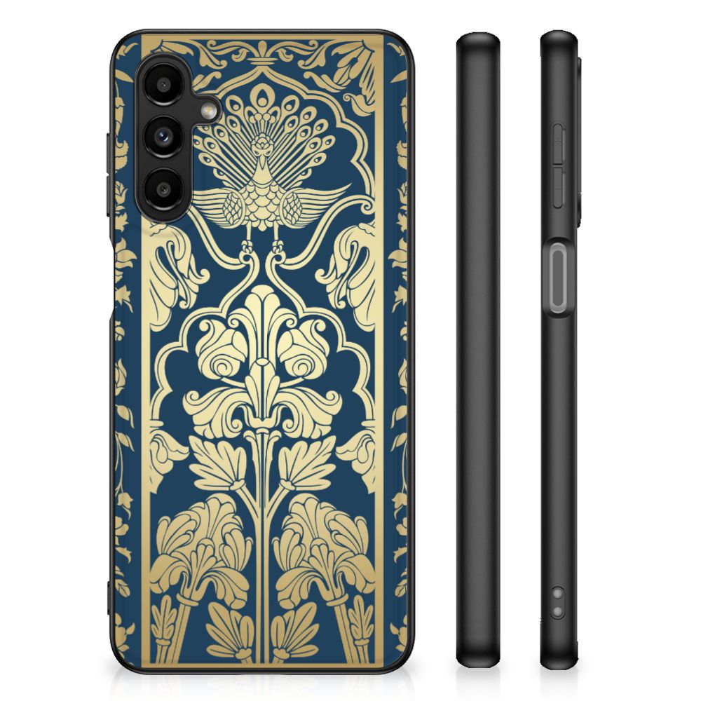 Samsung Galaxy A14 5G Bloemen Hoesje Beige Flowers met prachtige bloemen en planten illustratie op navy achtergrond.