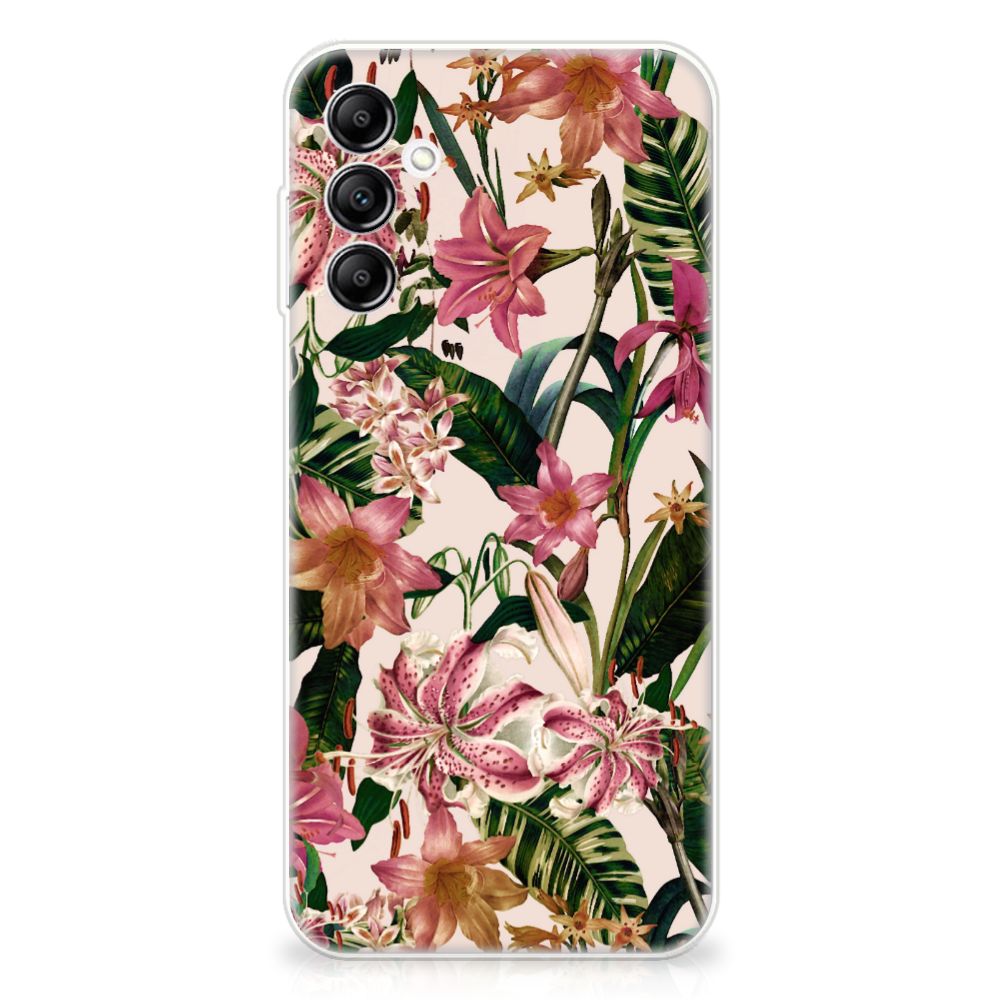 Samsung Galaxy A14 5G TPU Case Flowers design with pink and white flowers and green leaves.