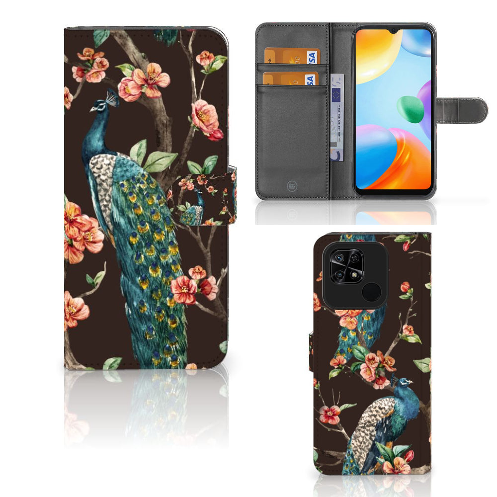 Xiaomi Redmi 10C Telefoonhoesje met Pasjes Pauw met Bloemen