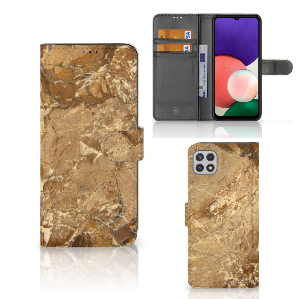 Samsung Galaxy A22 5G Bookcase Marmer Creme met luxe marmerdesign en ruimte voor pasjes.