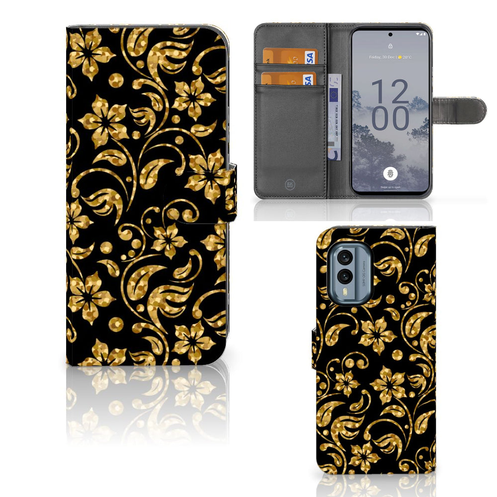 Nokia X30 Hoesje Gouden Bloemen