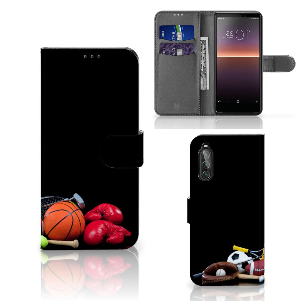 Sony Xperia 10 II Wallet Case met Pasjes Sports met sportuitrusting inclusief basketbal, bokshandschoenen en voetbal