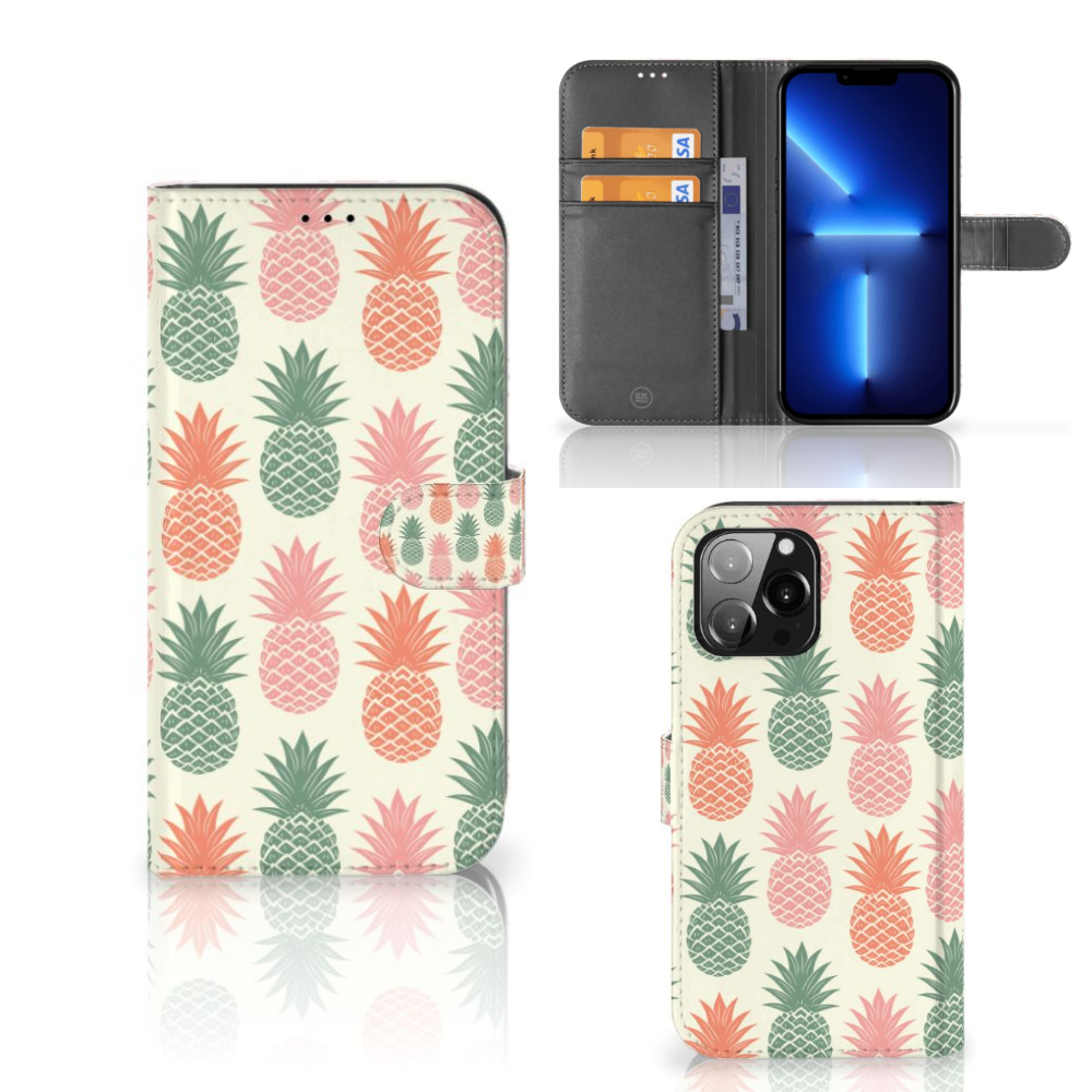 iPhone 13 Pro Max Book Cover Ananas met kleurrijke ananas print en pasjeshouder đ