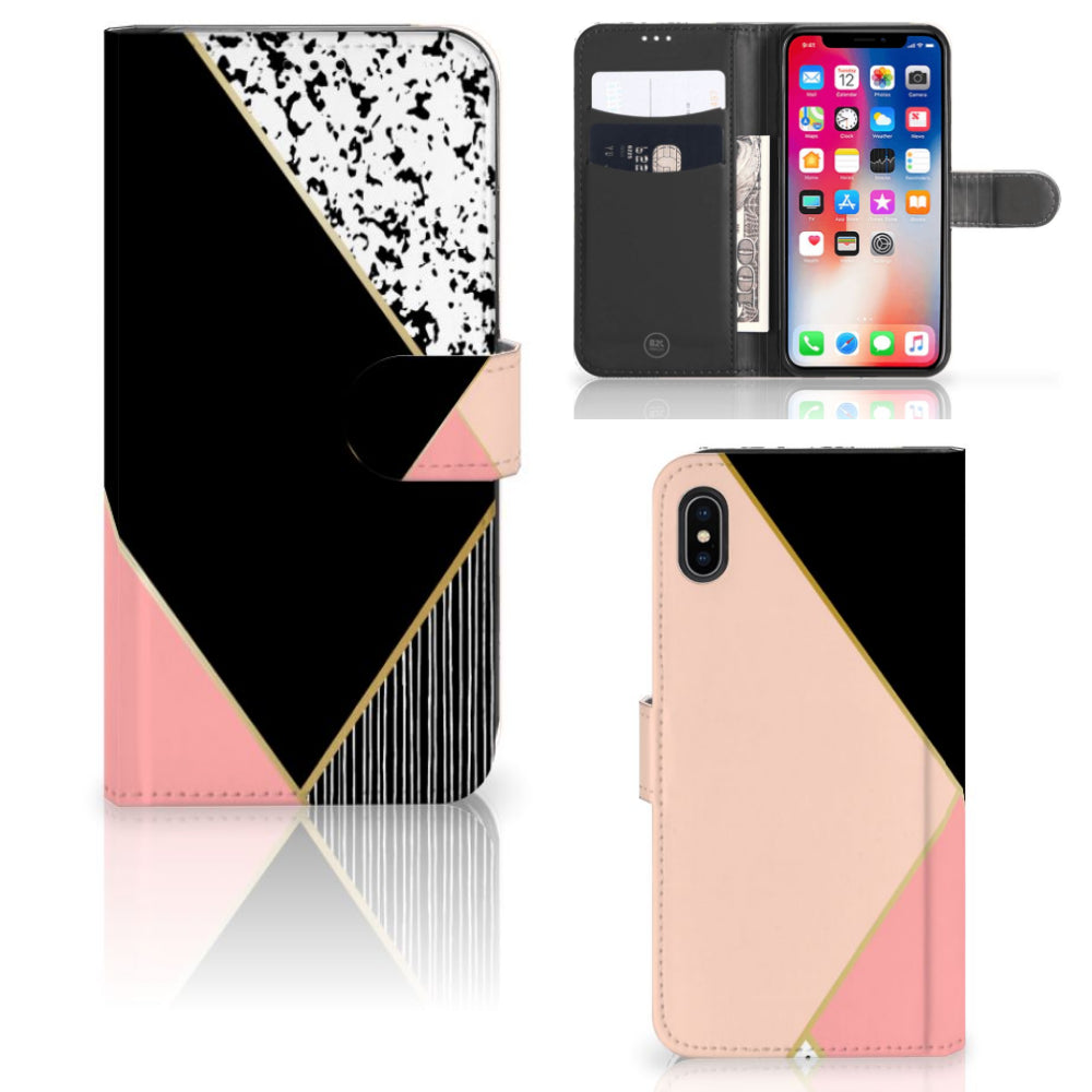 Apple iPhone Xs Max Book Case Zwart Roze Vormen