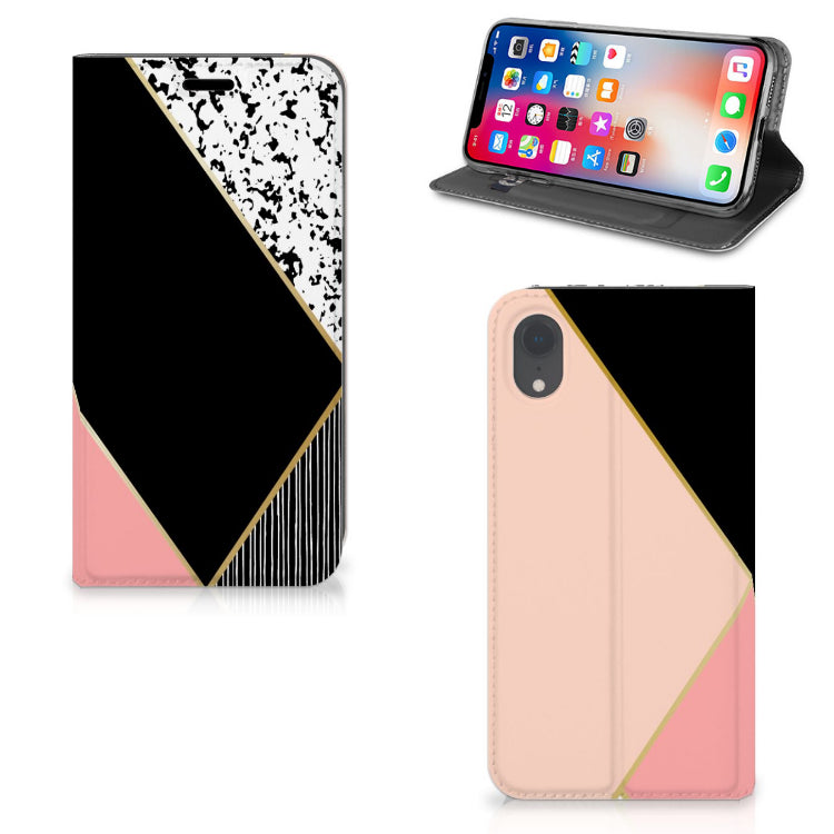 Apple iPhone Xr Stand Case Zwart Roze Vormen