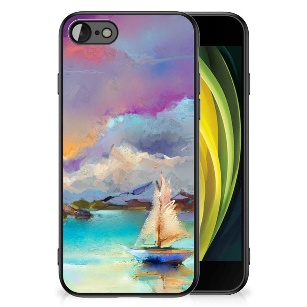 Kleurrijke Telefoonhoesje iPhone SE 2022 | SE 2020 | 7/8 Boat met een kleurrijk schilderij van een zeilboot op zee.