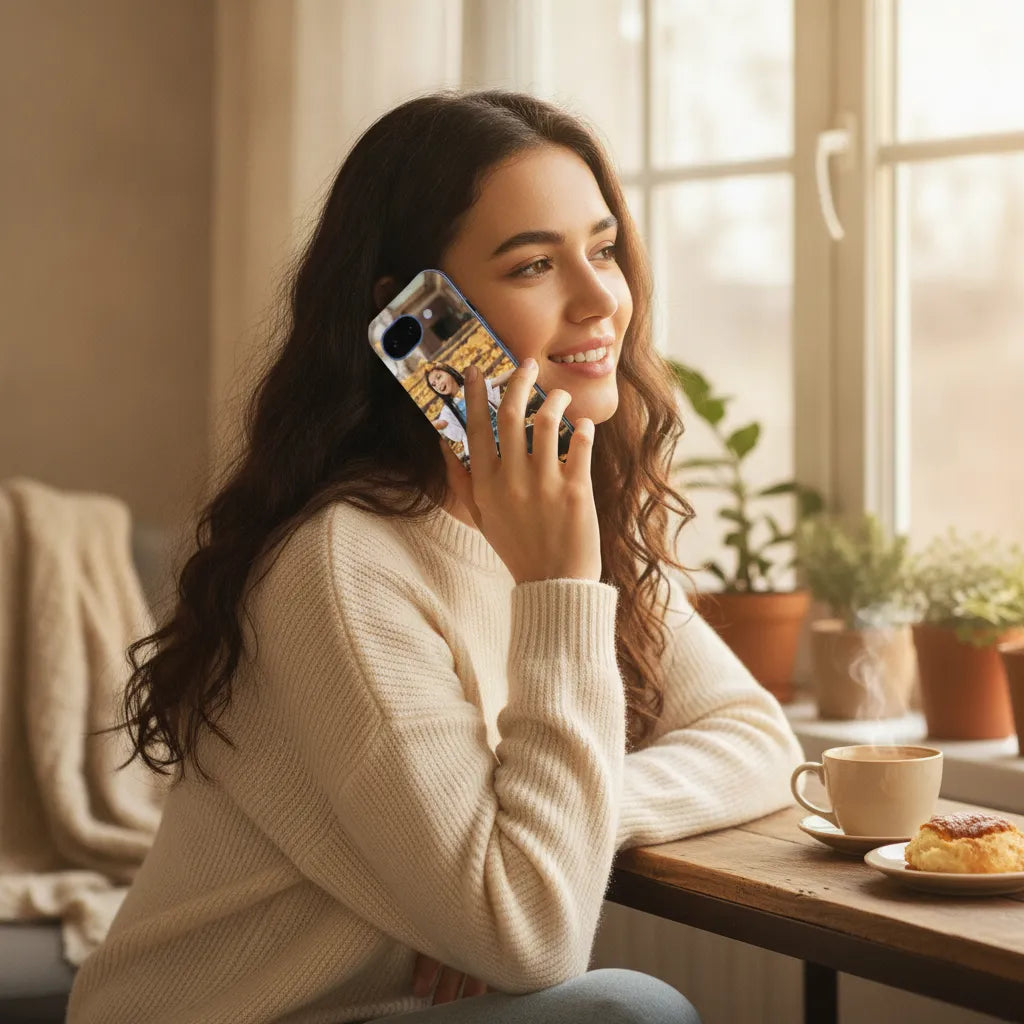 Vrouw met Google Pixel 10a hoesje ontwerpen met eigen foto, genietend aan tafel met koffie.
