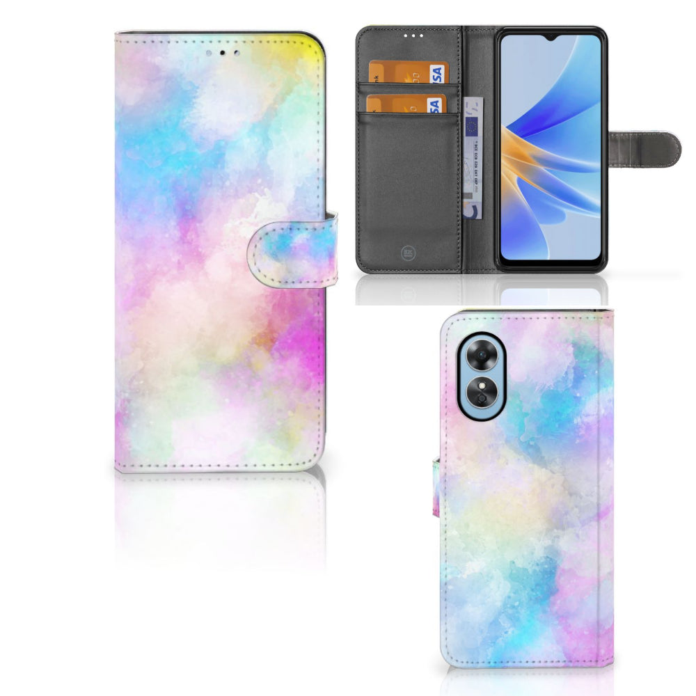 Hoesje OPPO A17 Watercolor Light met pastelkleuren en pasjeshouder, uniek ontwerp in watercolor-stijl.