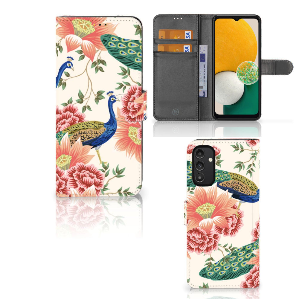 Telefoonhoesje met Pasjes voor Samsung Galaxy A14 5G Pink Peacock met pauwen en bloemen design.