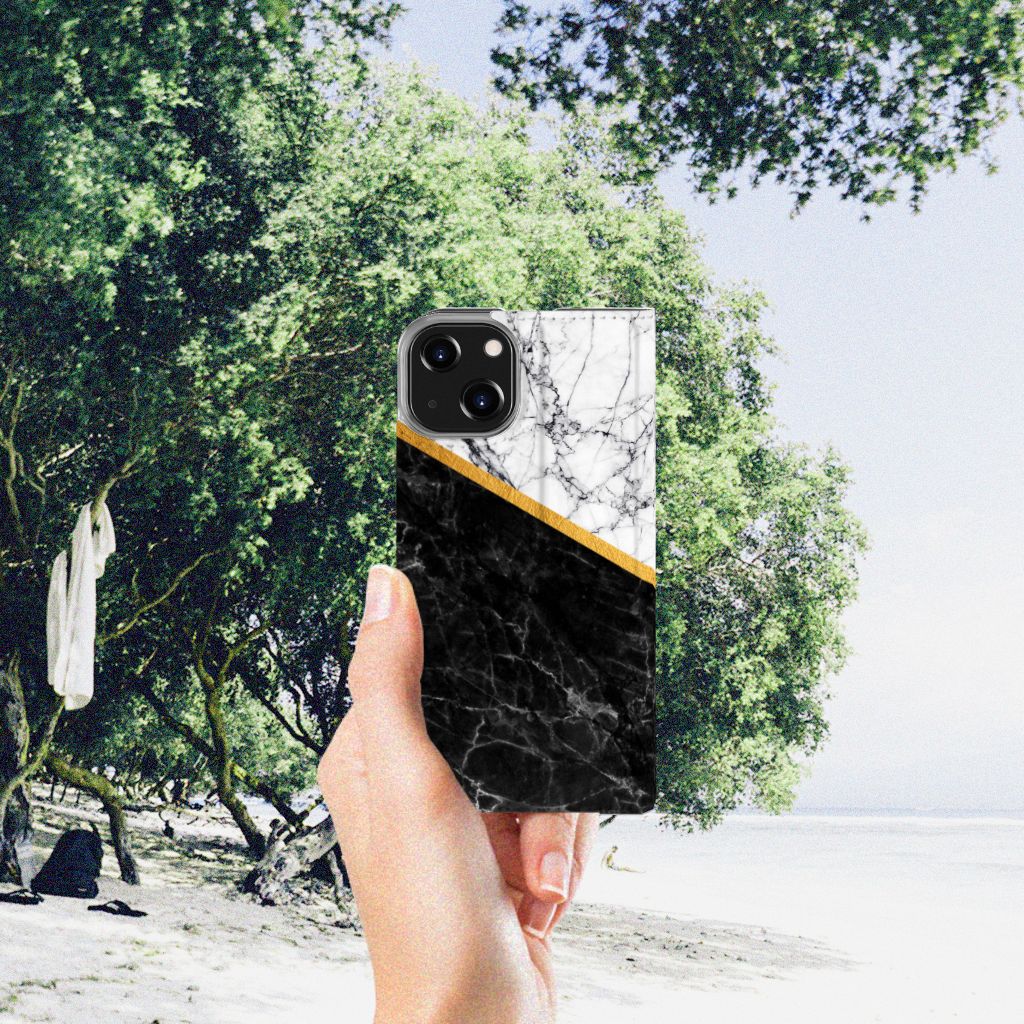 iPhone 14 Standcase Marmer Wit Zwart - Origineel Cadeau Man