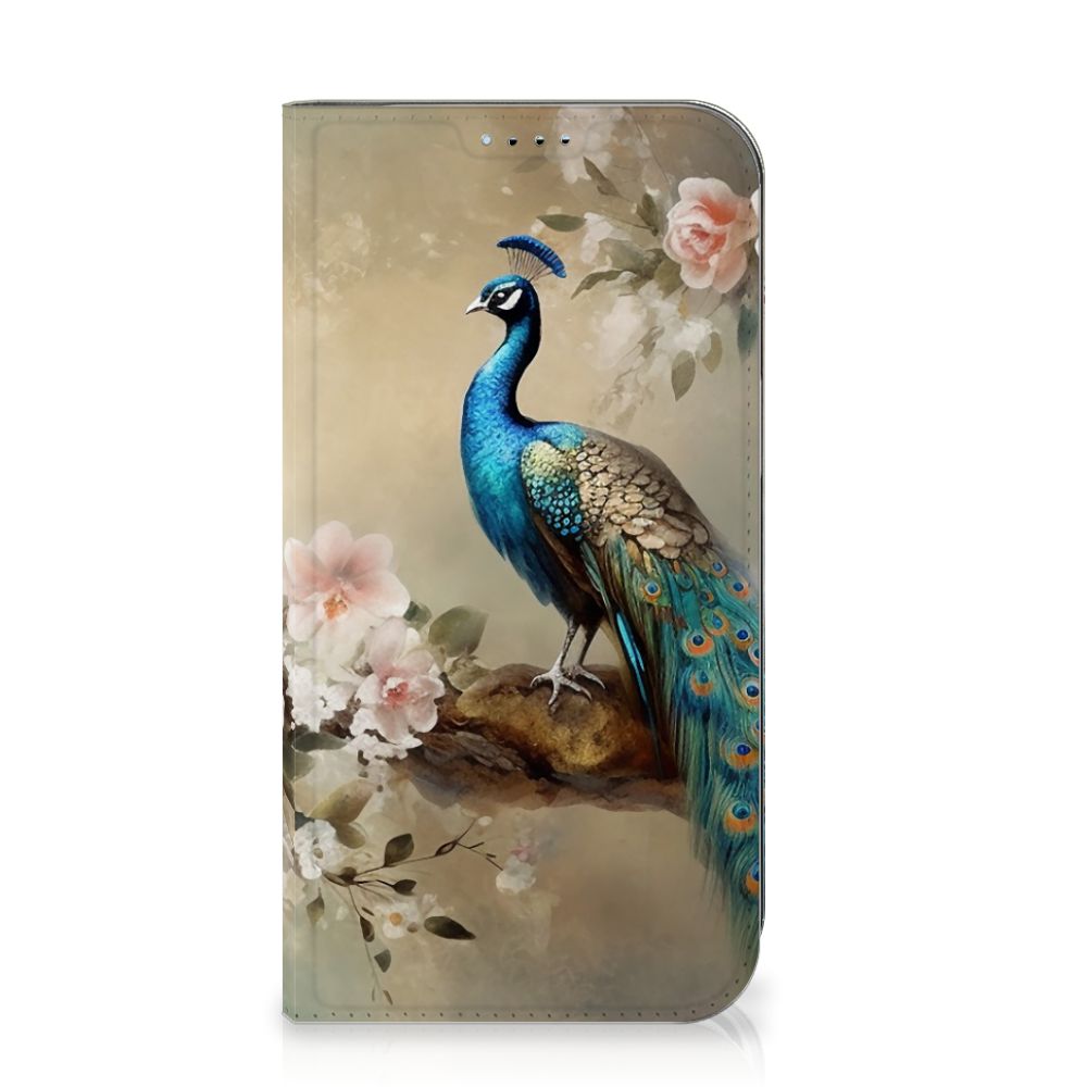 Hoesje maken voor iPhone 15 Vintage Pauwen met kleurrijke pauw op een bloemige achtergrond đ¸.