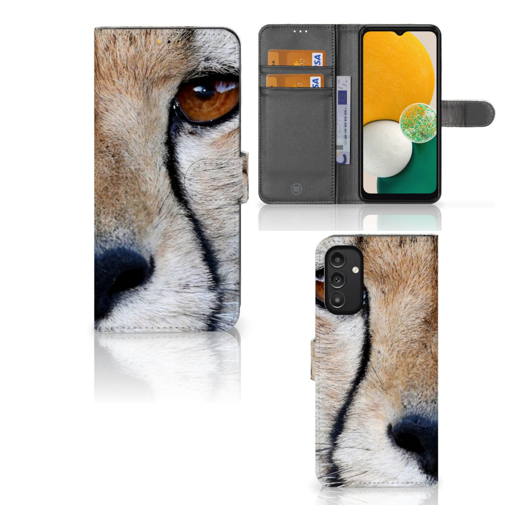 Samsung Galaxy A14 5G Telefoonhoesje met Pasjes Cheetah met cheeta close-up en kaartjeshouder.