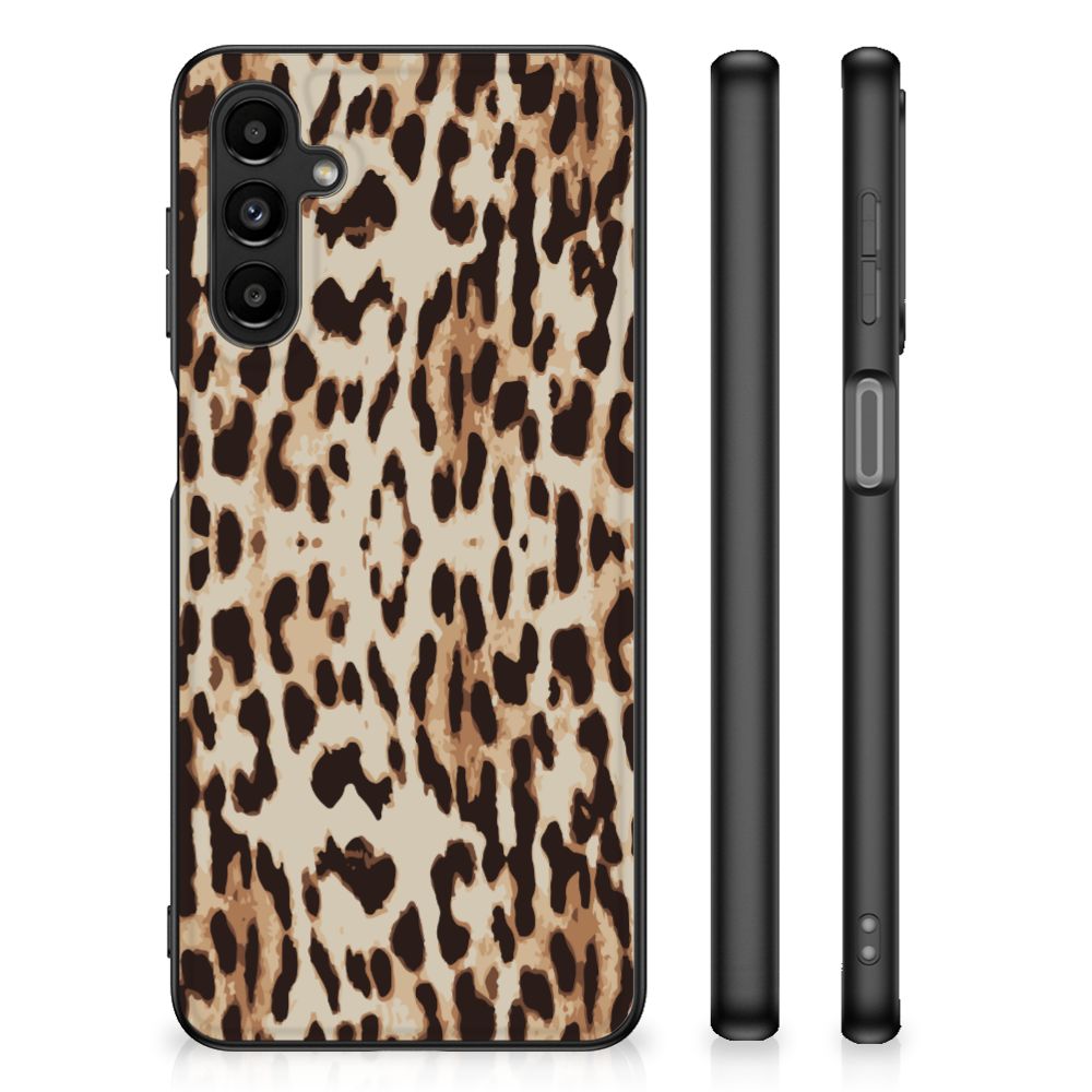 Samsung Galaxy A14 5G Dierenprint Telefoonhoesje Leopard met een stijlvol dierenprint-design en stevige zwarte randen.