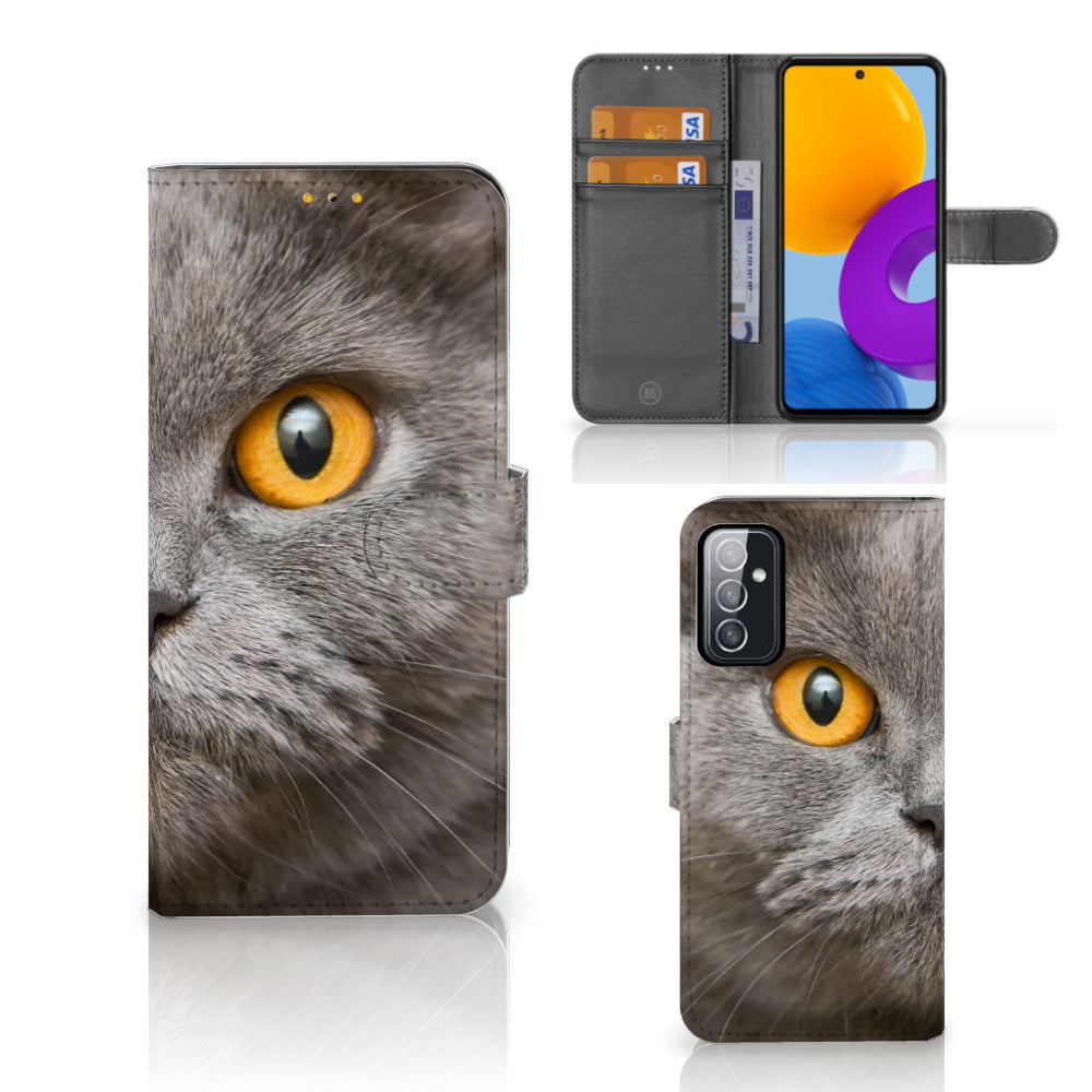 Telefoonhoesje met Pasjes Samsung Galaxy M52 Britse Korthaar met opvallende kat met gele ogen.