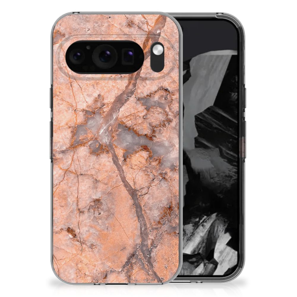 Google Pixel 9 Pro XL TPU Siliconen Hoesje Marmer Oranje