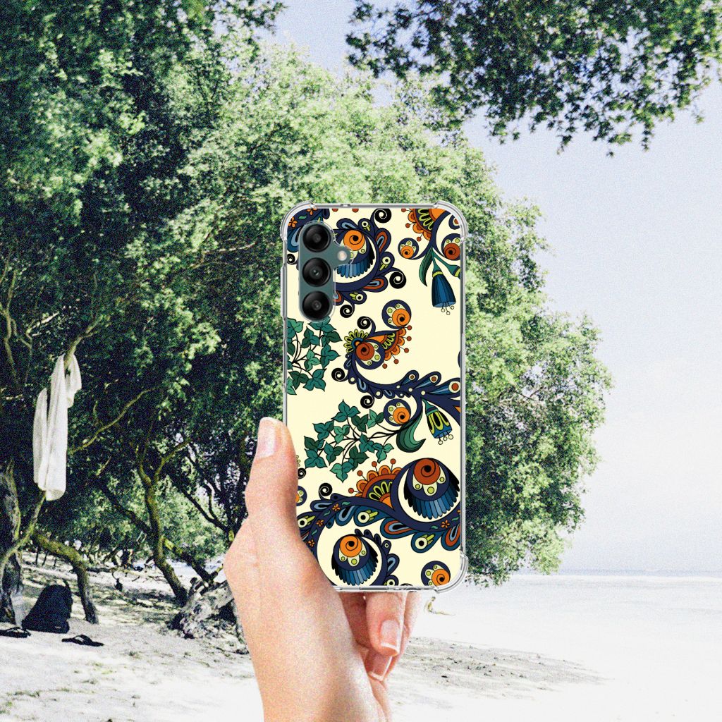 Anti Shock Case Samsung Galaxy A14 5G/4G Barok Flower design displayed on the beach.