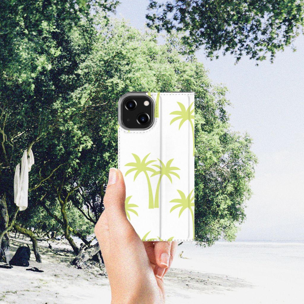 iPhone 14 Smart Cover Palmtrees met lichtgroene palmbomen en witte achtergrond, perfect voor een zomerse uitstraling đ´.
