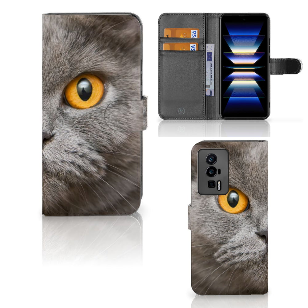 Telefoonhoesje met Pasjes Xiaomi Poco F5 Pro Britse Korthaar met indrukwekkende kat oog