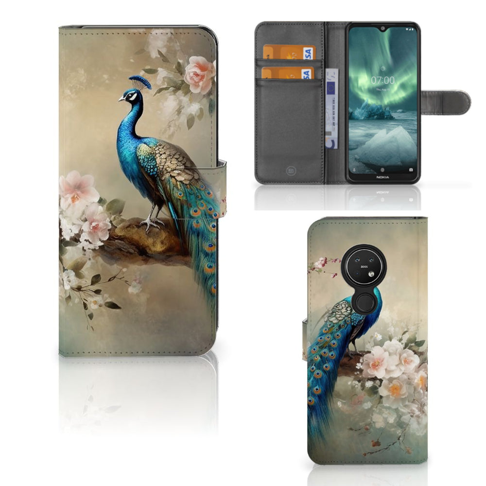 Telefoonhoesje met Pasjes voor Nokia 7.2 | Nokia 6.2 Vintage Pauwen