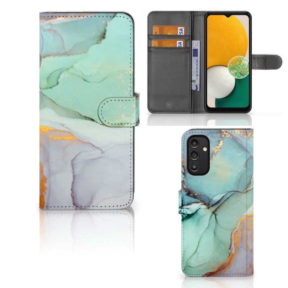 Hoesje voor Samsung Galaxy A14 4G Watercolor Mix met kleurrijk ontwerp en ruimte voor drie pasjes.