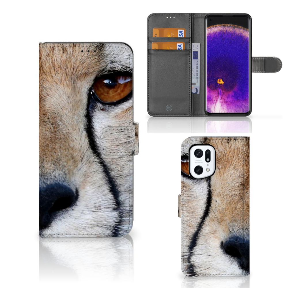 OPPO Find X5 Pro Telefoonhoesje met Pasjes Cheetah met cheeta close-up en pasjes ruimte
