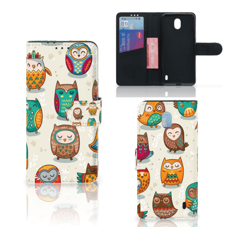Nokia 1 Plus Telefoonhoesje met Pasjes Vrolijke Uilen