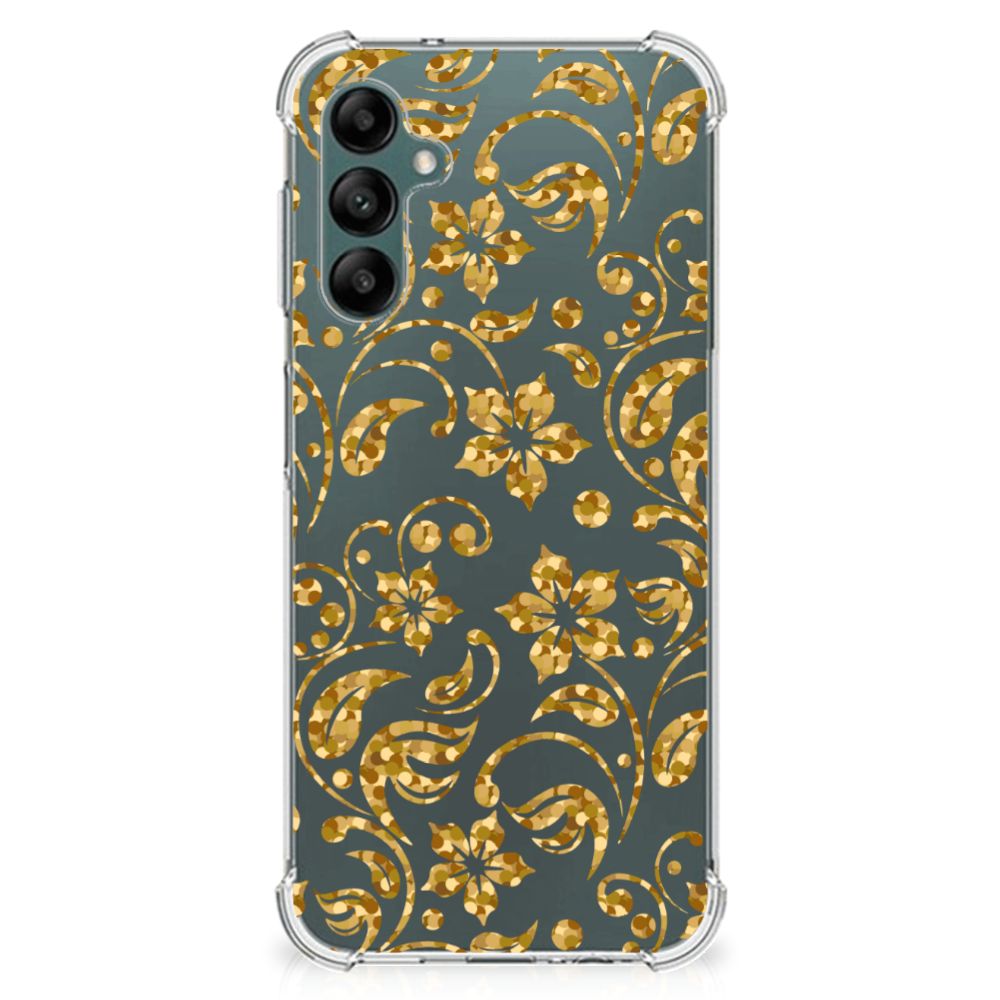 Samsung Galaxy A14 5G/4G Case Gouden Bloemen met prachtig bloemenpatroon in goudkleur op transparante case