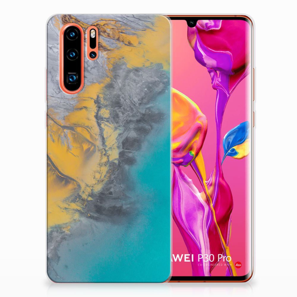Huawei P30 Pro TPU Siliconen Hoesje Marble Blue Gold