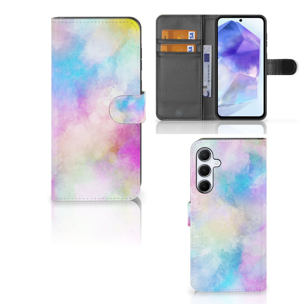 Hoesje Samsung Galaxy A55 Watercolor Light met pasjeshouder in pastelkleuren en unieke watercolor design.