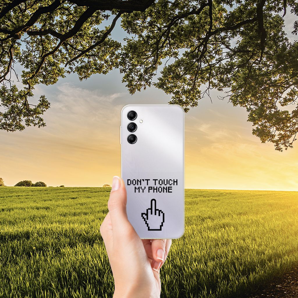 Samsung Galaxy A14 5G Silicone-hoesje Finger Don't Touch My Phone on a smartphone outdoors.