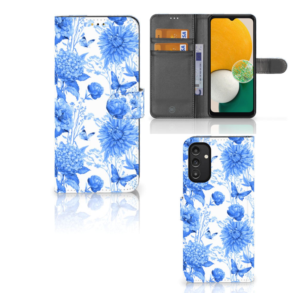 Hoesje voor Samsung Galaxy A14 5G Flowers Blue met bloemenprint en ruimte voor drie pasjes.