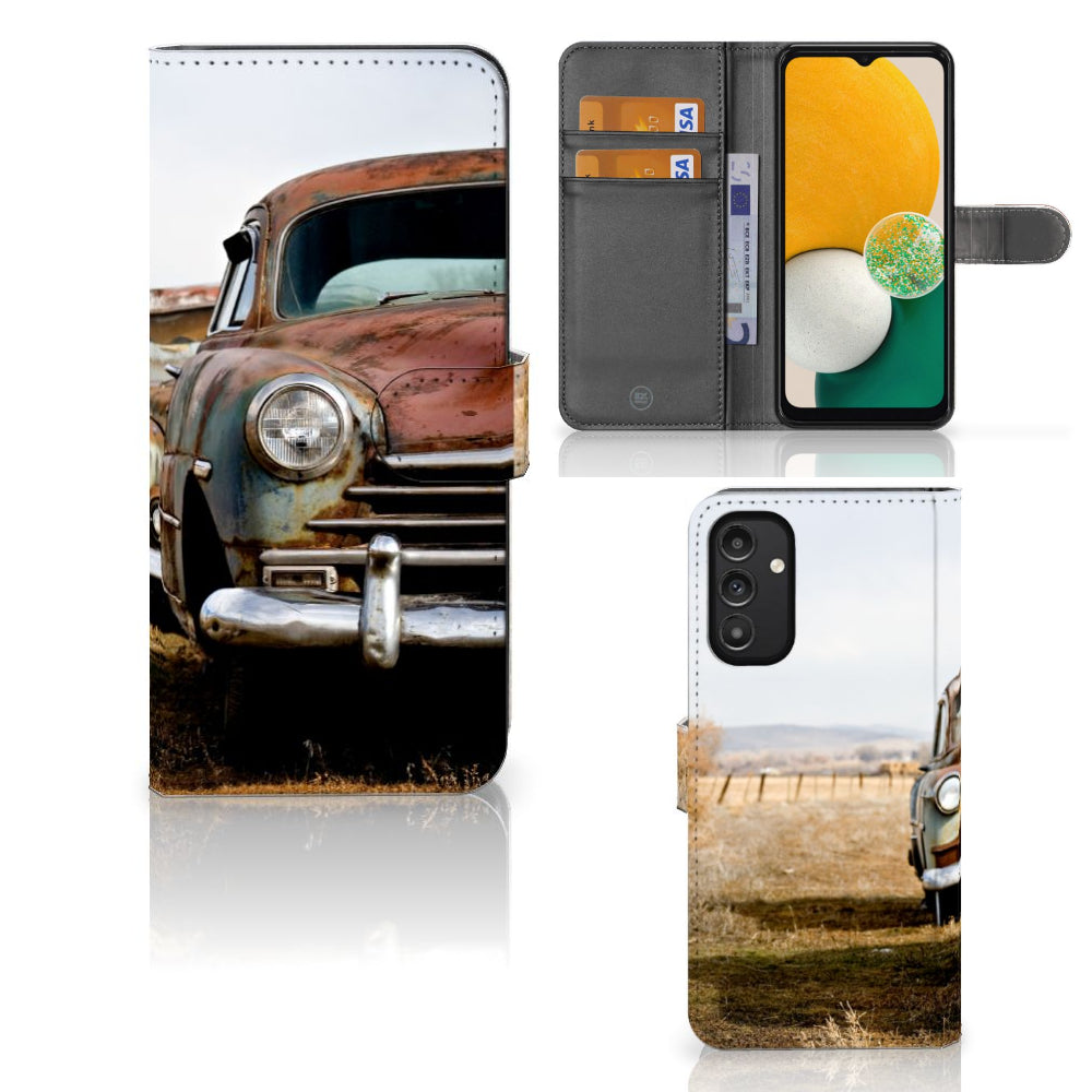 Samsung Galaxy A14 4G Telefoonhoesje met foto Vintage Auto, met ruimte voor 3 pasjes en vintage autodesign.