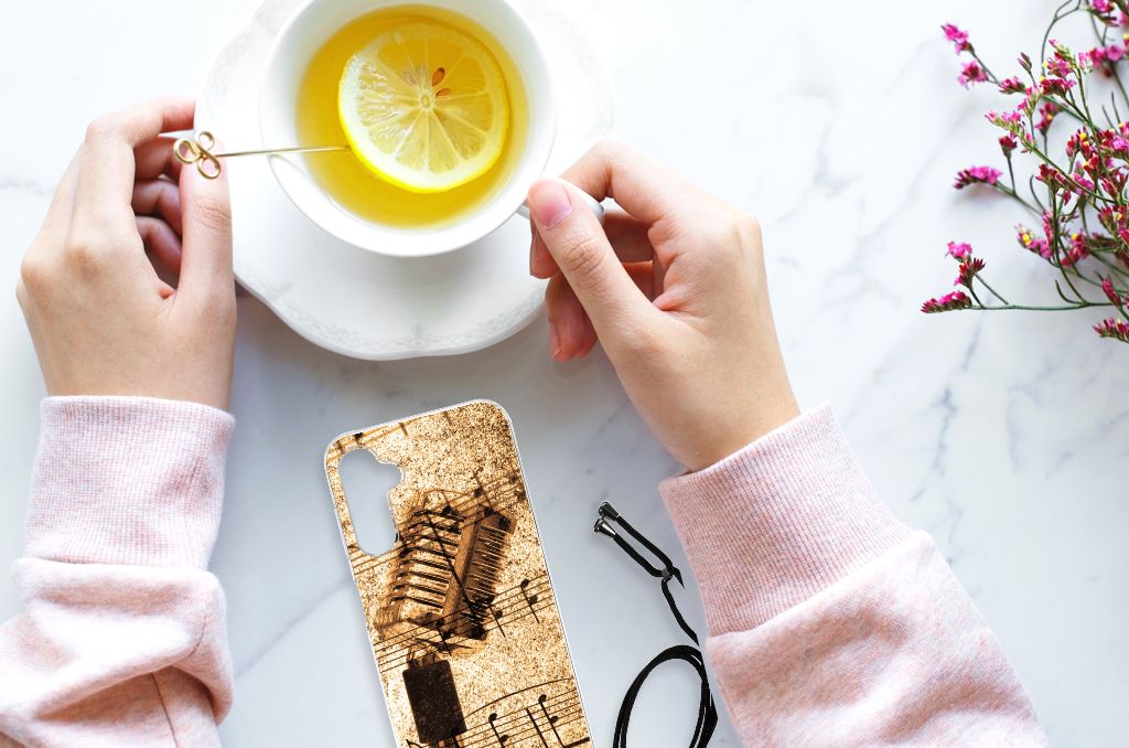 Samsung Galaxy A14 5G Anti-shock Hoesje met foto Bladmuziek met een kopje thee en citroen.