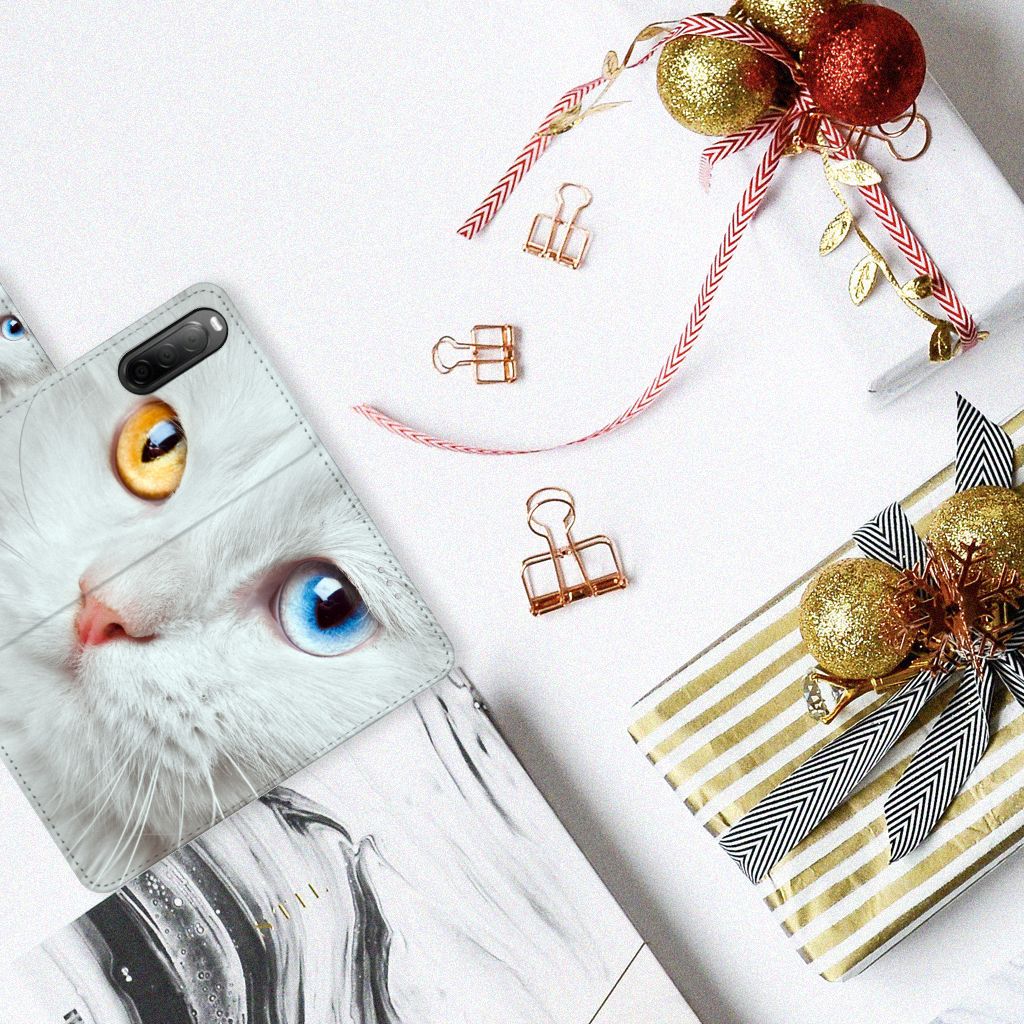 Sony Xperia 10 IV Telefoonhoesje met Pasjes Witte Kat