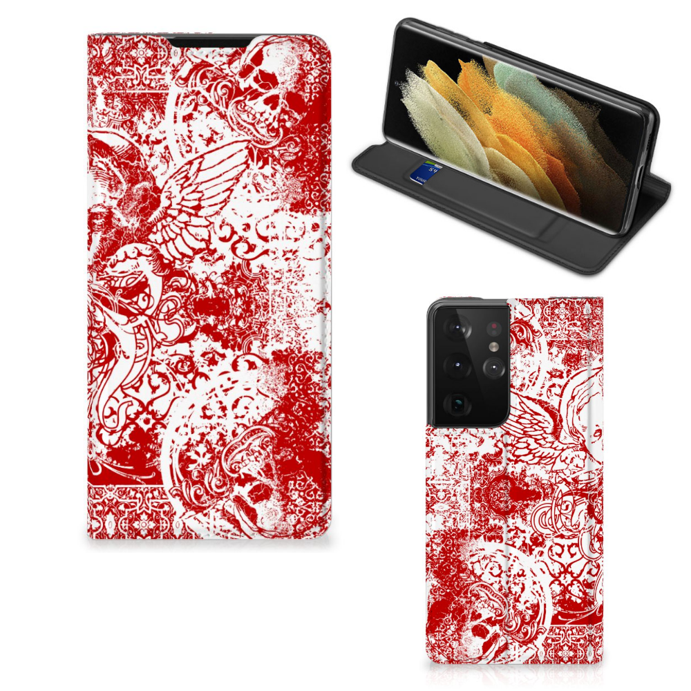 Mobiel BookCase Samsung Galaxy S21 Ultra Angel Skull Rood - B2C Telecom